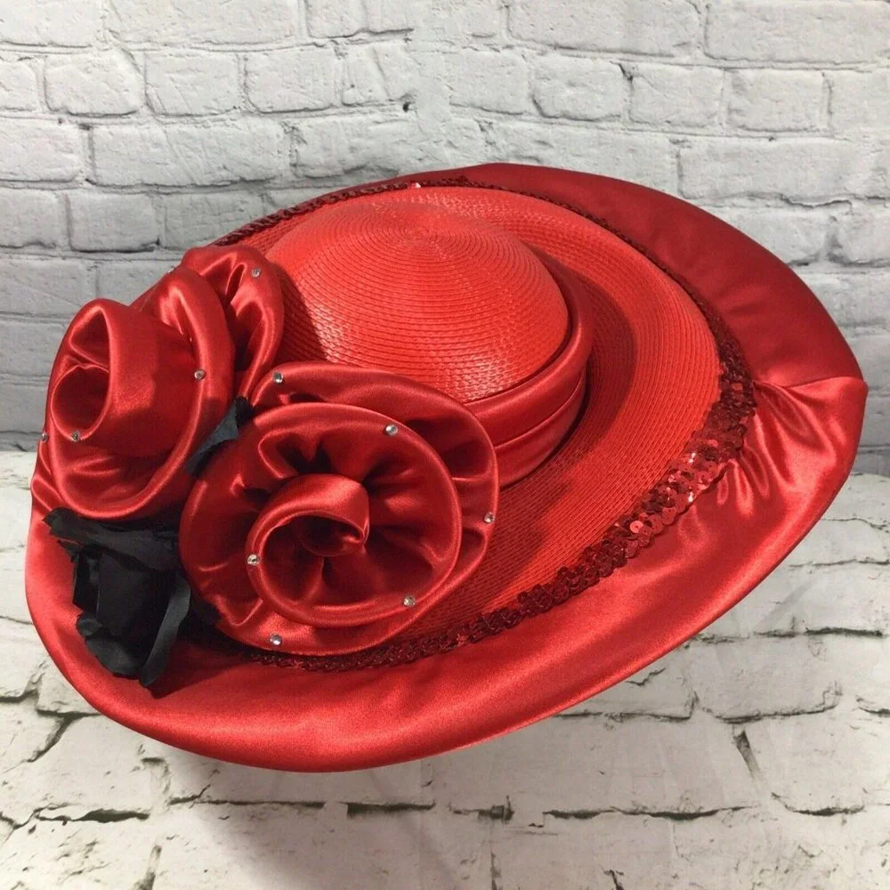 Vintage Mr. Hi’s Hat Red Kentucky‎ Derby Satin Jeweled Rose Showstopper Church